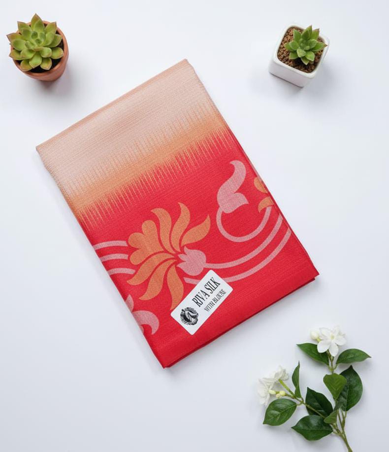 Peach & Red Floral Fancy Silk Saree