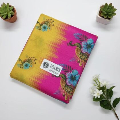 Sunshine Yellow & Rani Pink Peacock Fancy Silk Saree