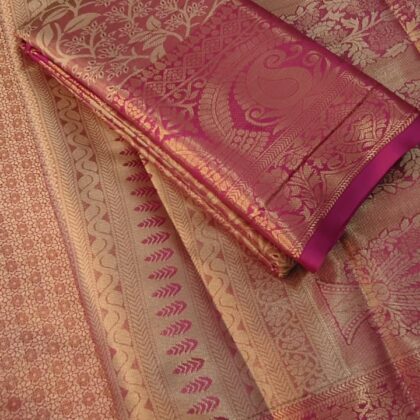Elegant Beige & Rani Pink Kanjivaram Style Zari Silk Saree