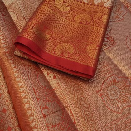 Luxurious Coral Brocade Silk Saree with Real Gold Zari Look