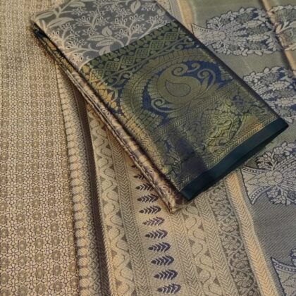 Sublime Beige & Deep Blue Peacock Brocade Silk Saree