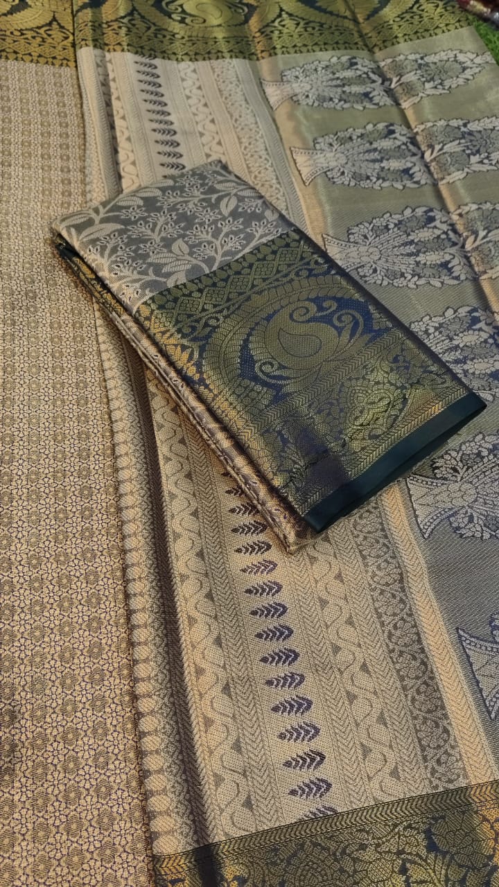 Sublime Beige & Deep Blue Peacock Brocade Silk Saree