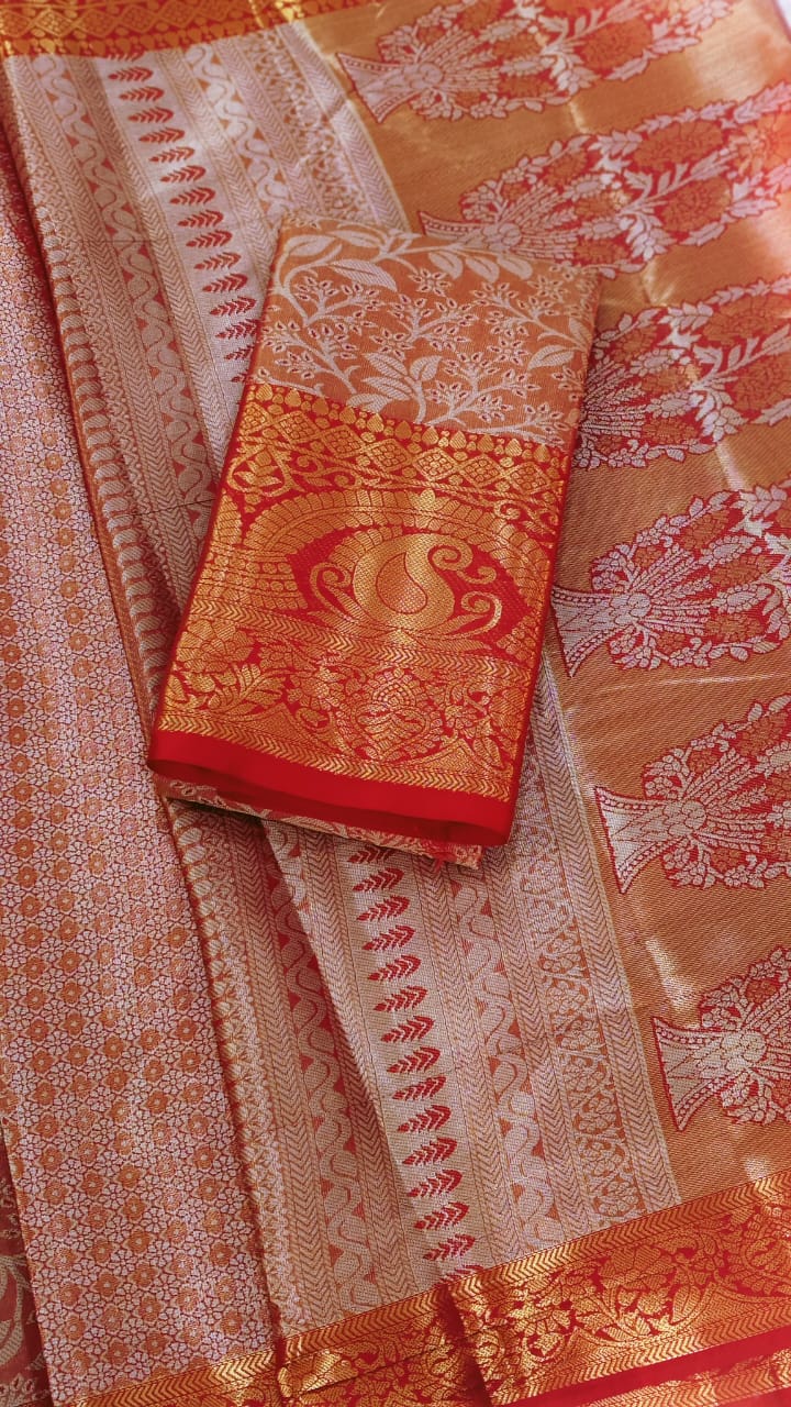 Rich Gold & Scarlet Red Peacock Brocade Silk Saree