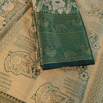 Regal Cream & Forest Green Heritage Brocade Silk Saree