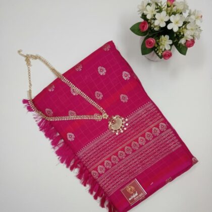 Traditional Rani Pink Checked Kanchi Silk Saree with Zari Motifs