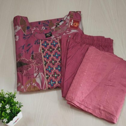Mauve Pink Printed Kurti Set with Geometric Yoke