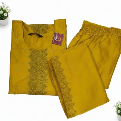 Luxurious Mustard Yellow Embroidered Kurti Set