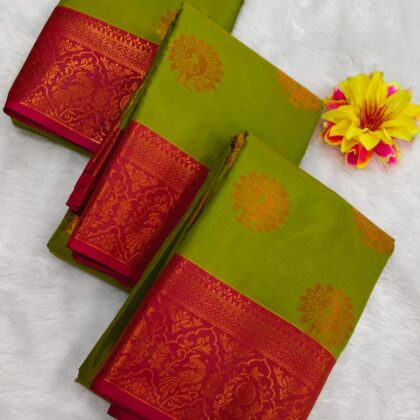 Festive Lime Green Silk Saree with Traditional Red Zari Border