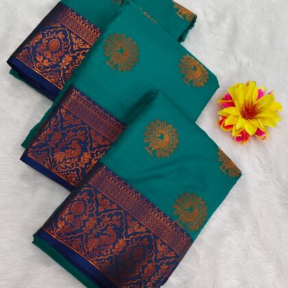 Elegant Forest Green Silk Saree with Classic Red Peacock Border