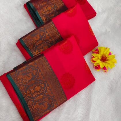 Vivid Bright Red Silk Saree with Dual-Tone Bronze-Green Border