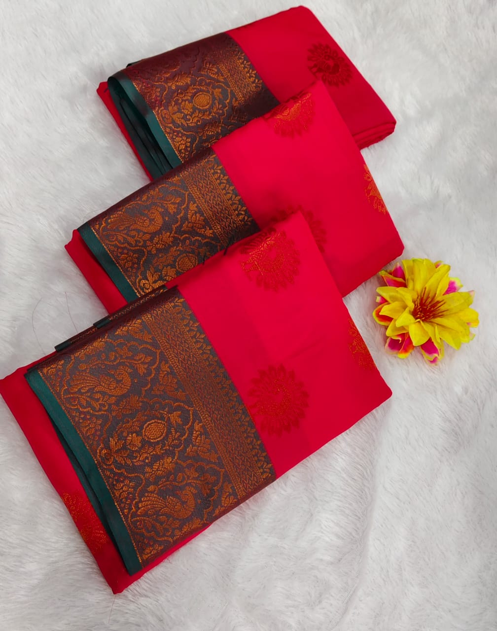 Vivid Bright Red Silk Saree with Dual-Tone Bronze-Green Border