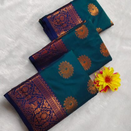 Majestic Deep Teal Silk Saree with Copper & Navy Traditional Border