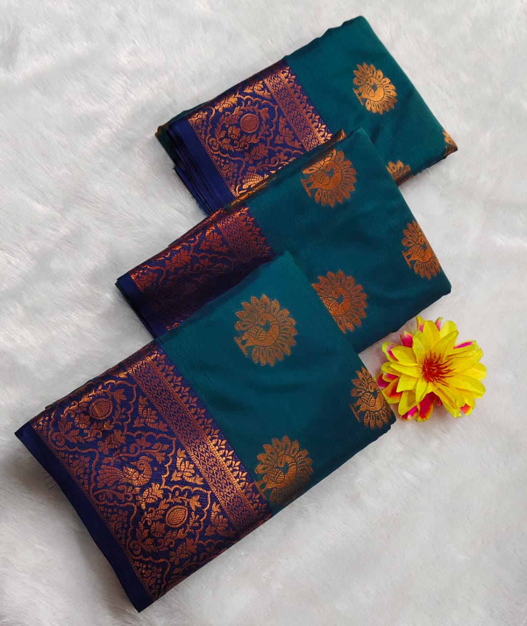 Majestic Deep Teal Silk Saree with Copper & Navy Traditional Border