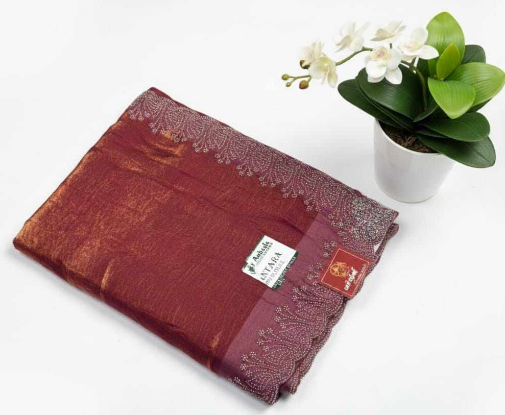 Nebula Maroon Shimmer Saree with Celestial Silver Embellishment