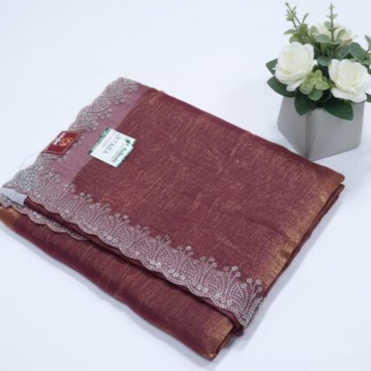 Comet Rust Wine Shimmer Saree with Heavy Stara Cutwork Border